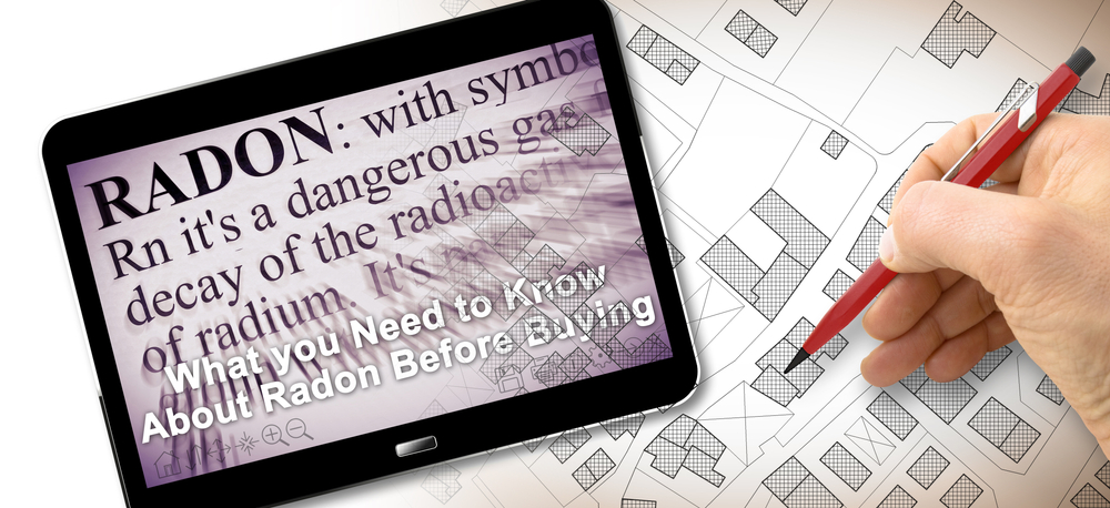 What you need to know about radon gas and radon testing - Concept image with a city map and 3D render of a digital tablet and definition of radon